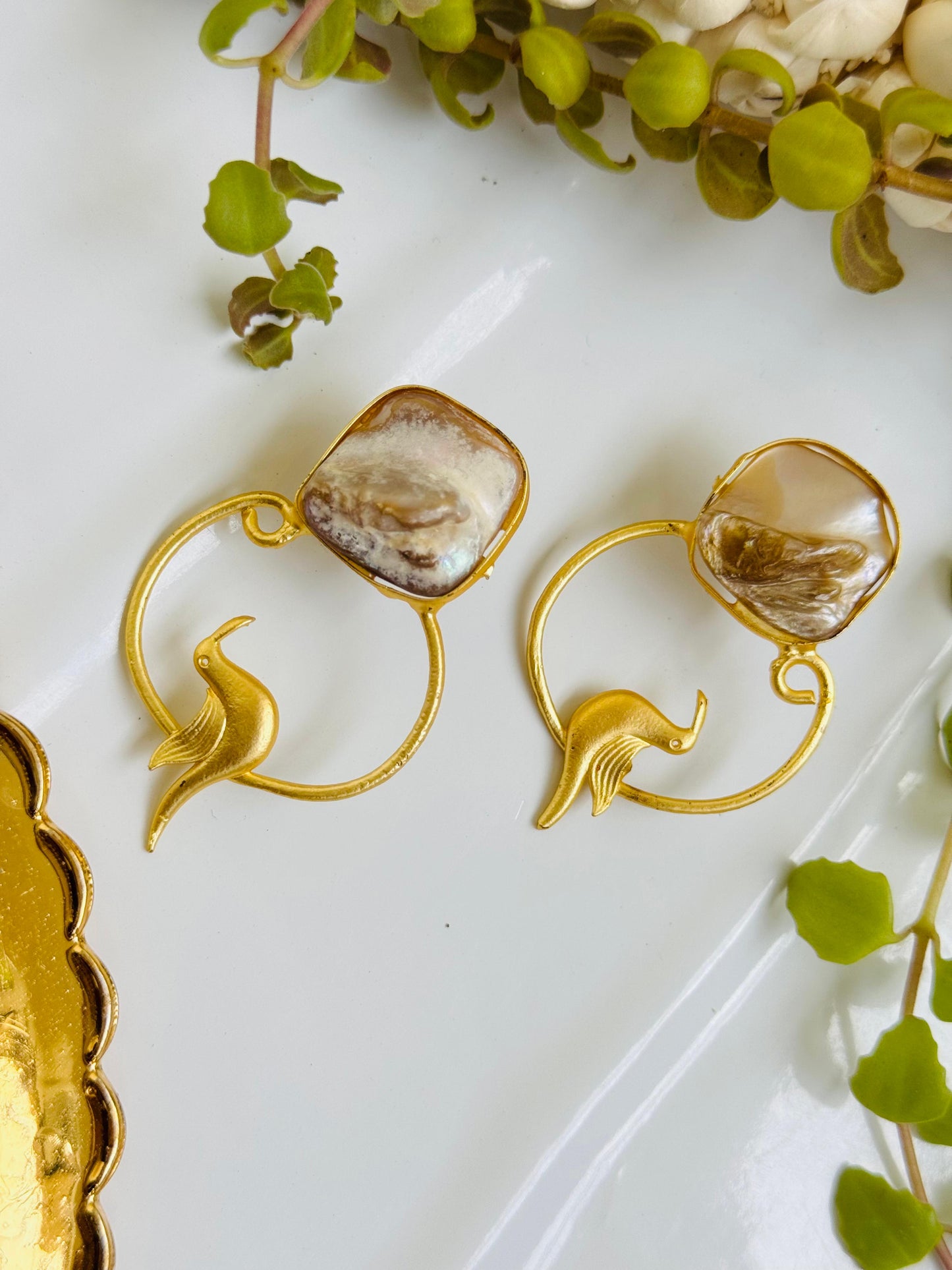 Brass sparrow mother of pearl EARRING