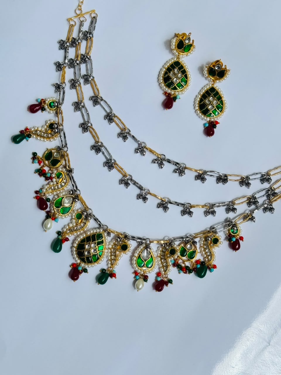 Emerald Meenakari Layered Necklace Set
