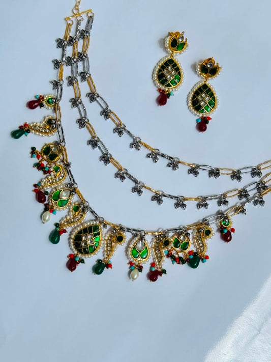 Emerald Meenakari Layered Necklace Set