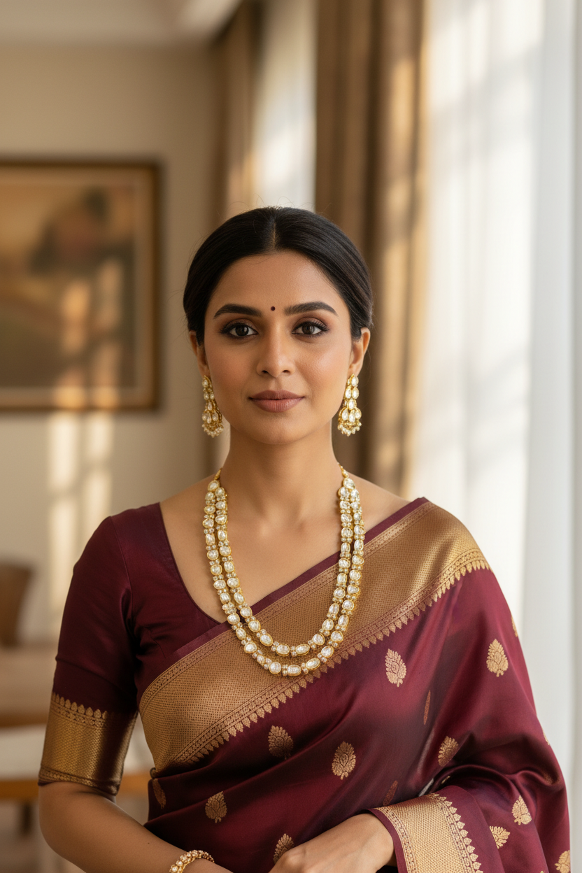 A confident Indian woman wearing an elegant silk saree in deep maroon color, styled with a heavy polki statement necklace and matching earrings. Soft natural lighting, luxury indoor setting, minimal background, focus on jewelry details, graceful pose, premium editorial photography style, high resolution, sharp focus, realistic skin texture, warm tones, luxury fashion shoot, 4K quality.