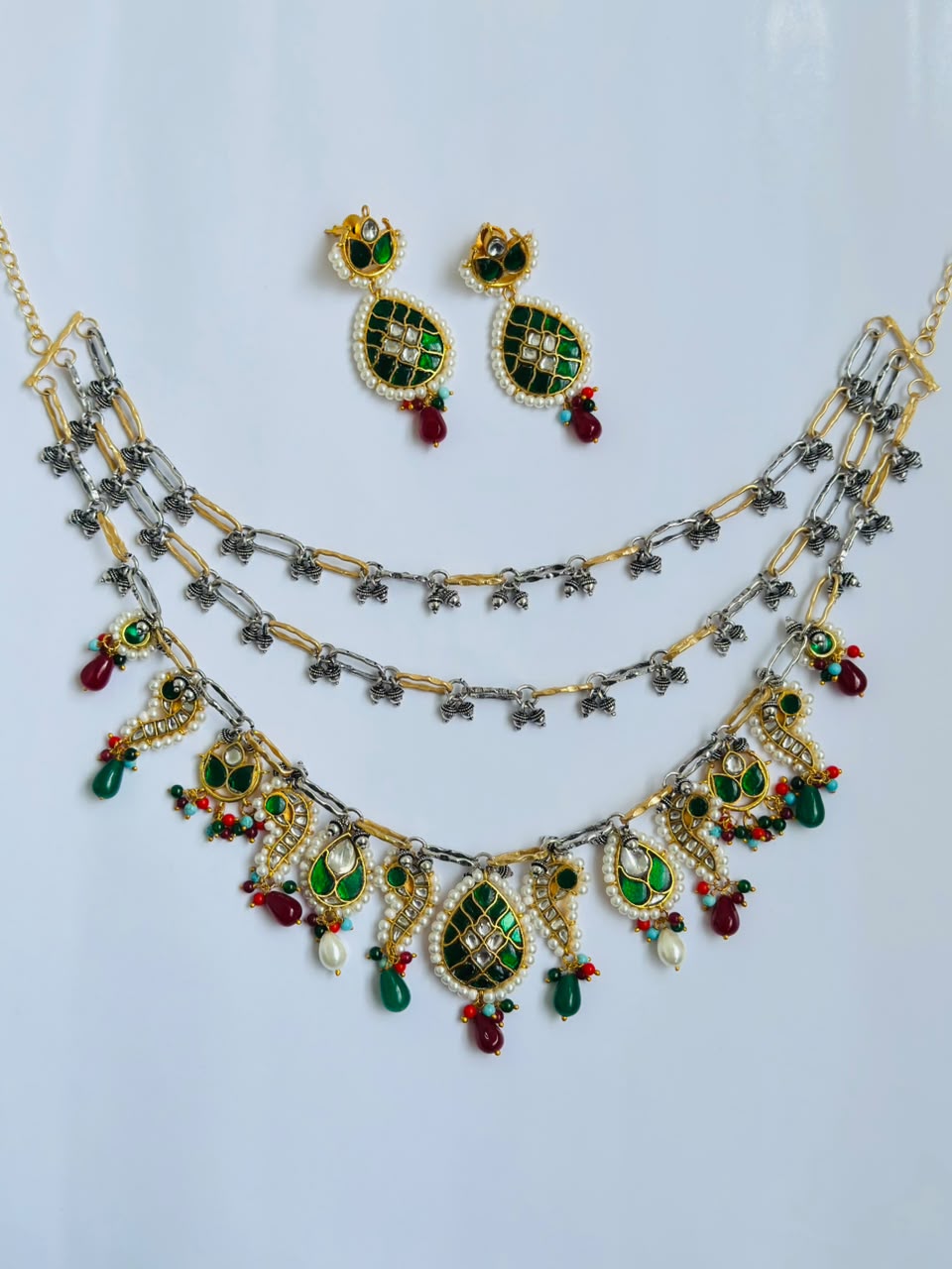 Emerald Meenakari Layered Necklace Set
