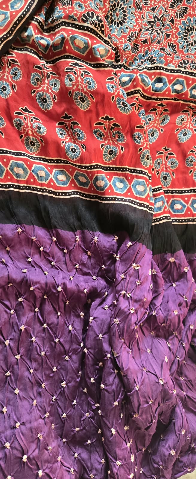Elegant Purple Saree with Statement Printed Pallu ajarakh and bandhej